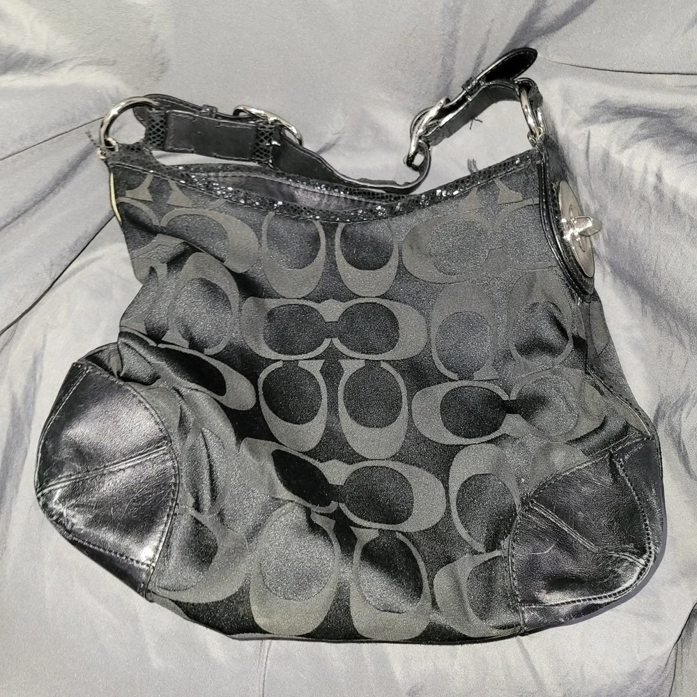 Coach Peyton Trim Signature Black Tote Bag Shoulder Purse Python
